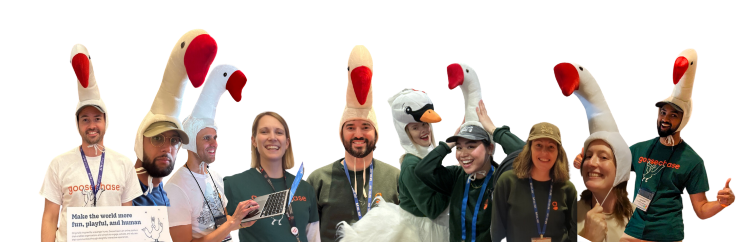 a photo of group of people wearing goose hats