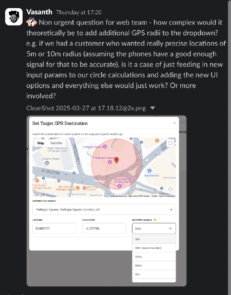 a feedback about adding additional GOS radii to the dropdown with the screenshot of the Set Target GPS Destination