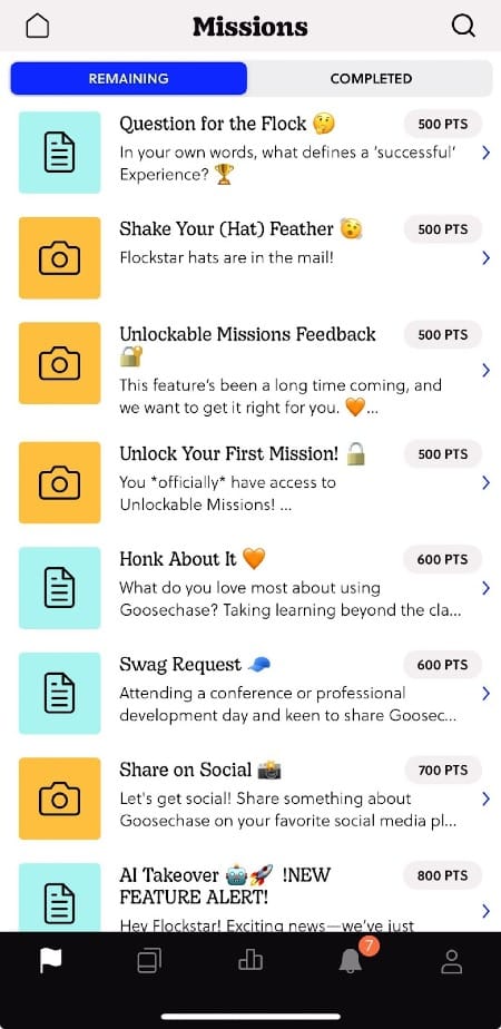Screenshot of the Goosechase app with a series of Missions.