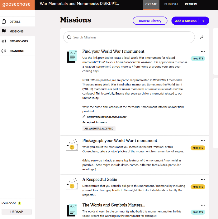 a screenshot of the Missions page with the monument missions