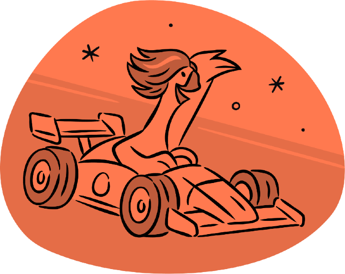 A smiling goose in a racecar