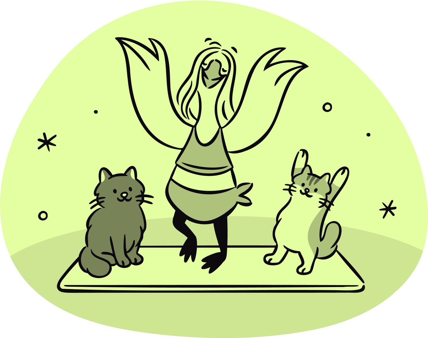 a happy goose standing with its hands up in the air as well as a cat and dog on its side