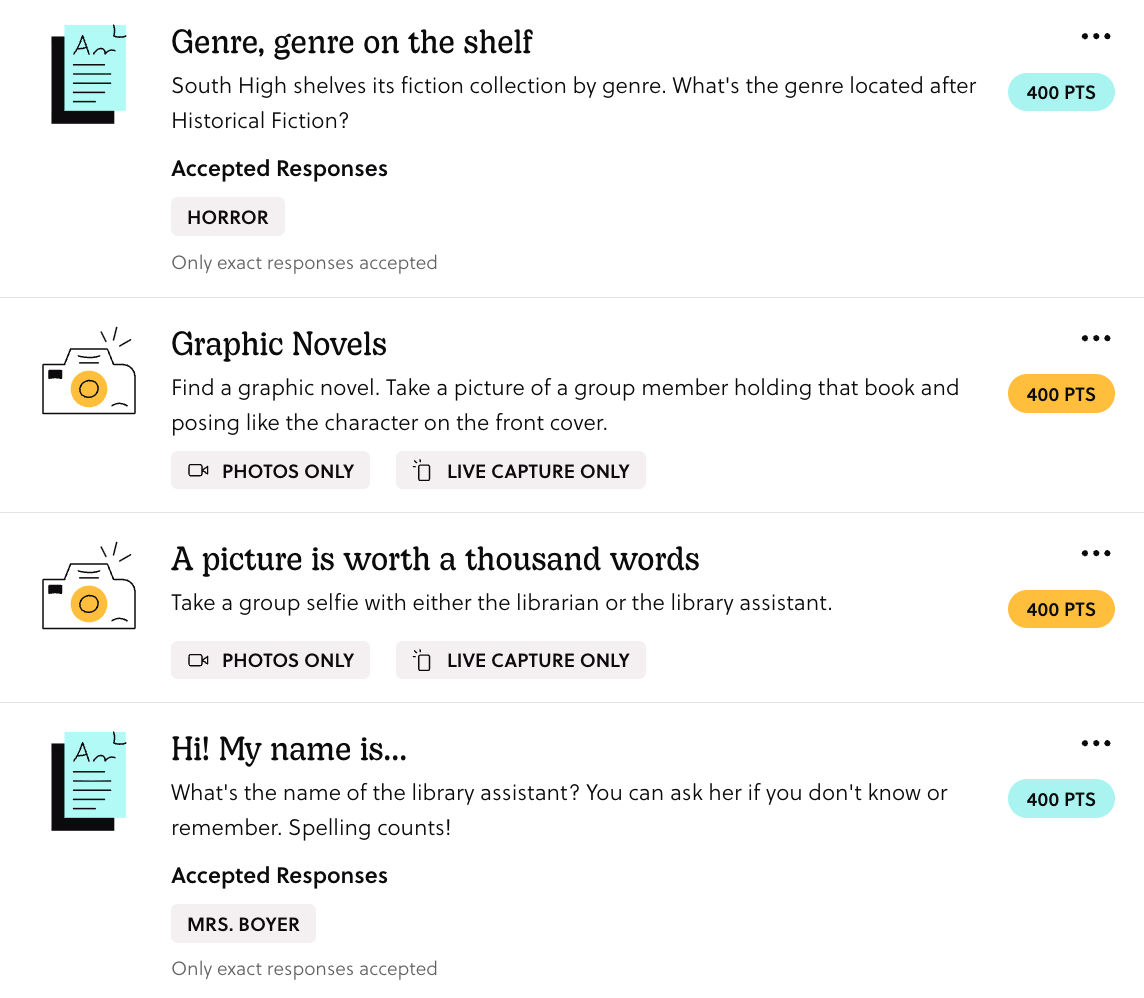 Screenshot of text and photo Missions in a Goosechase Experience.