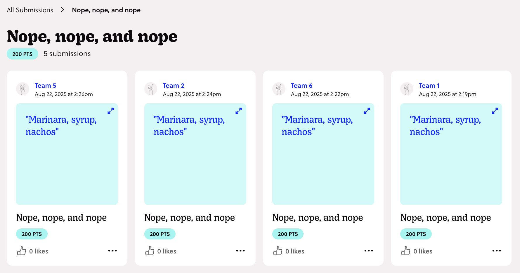 Screenshot of submissions in the Goosechase Studio for a Mission titled 'Nope, nope, and nope'.