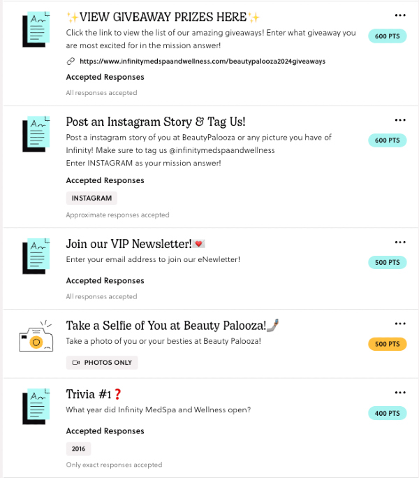 A list of Goosechase Missions asking participants to take social media posts, answer trivia about the business, and provide contact information