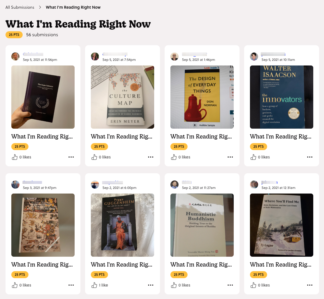 a screenshot of mission What I'm Reading Right Now with photos of a book submissions