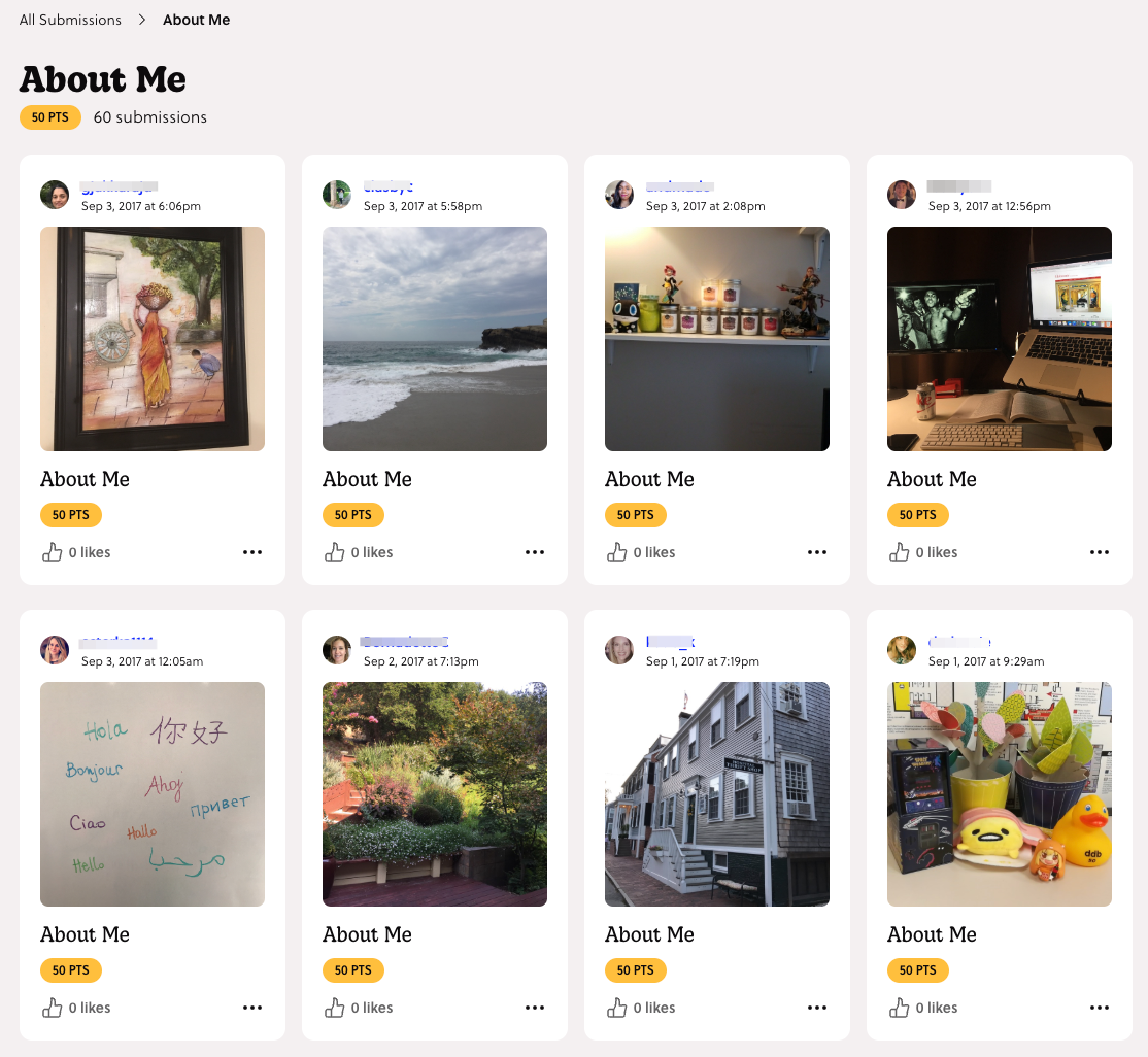 a screenshot of mission About Me with submissions of photos