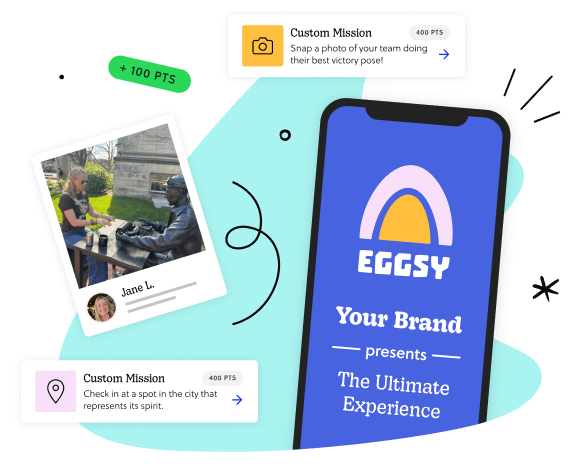 Branded Goosechase Custom Experience showing a phone with a sample event called “EGGSY,” custom missions, and participant photos — highlighting personalized, interactive, mission-based engagement.