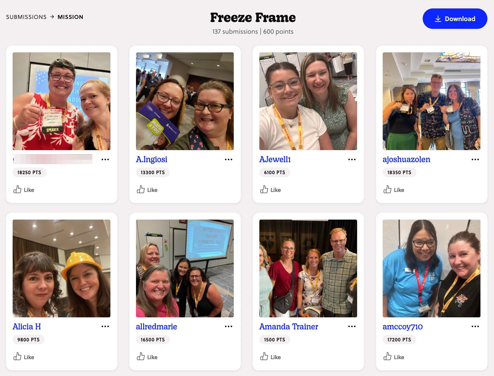 a screenshot of mission Freeze Frame with photos of attendees