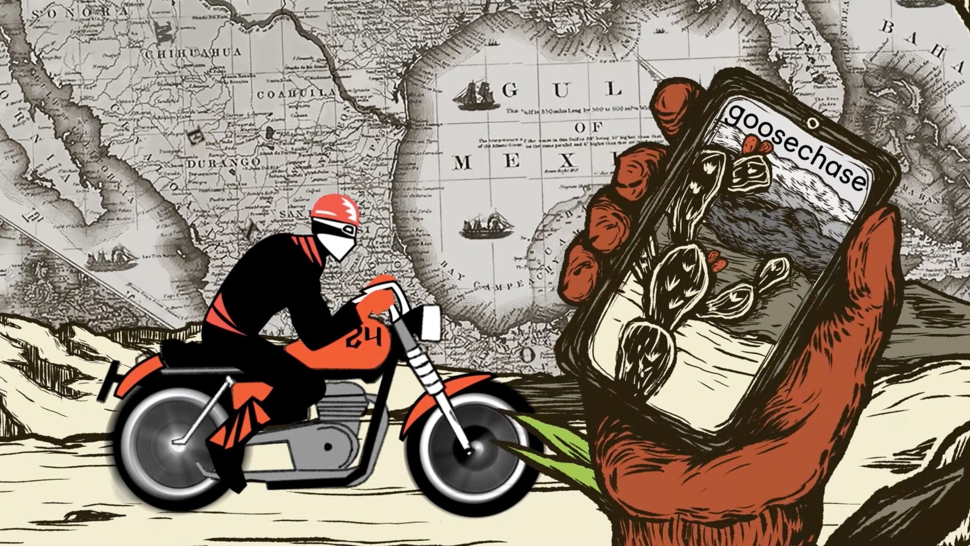 A hand holding a mobile device that says "Goosechase", with a map and motorcylist in the background