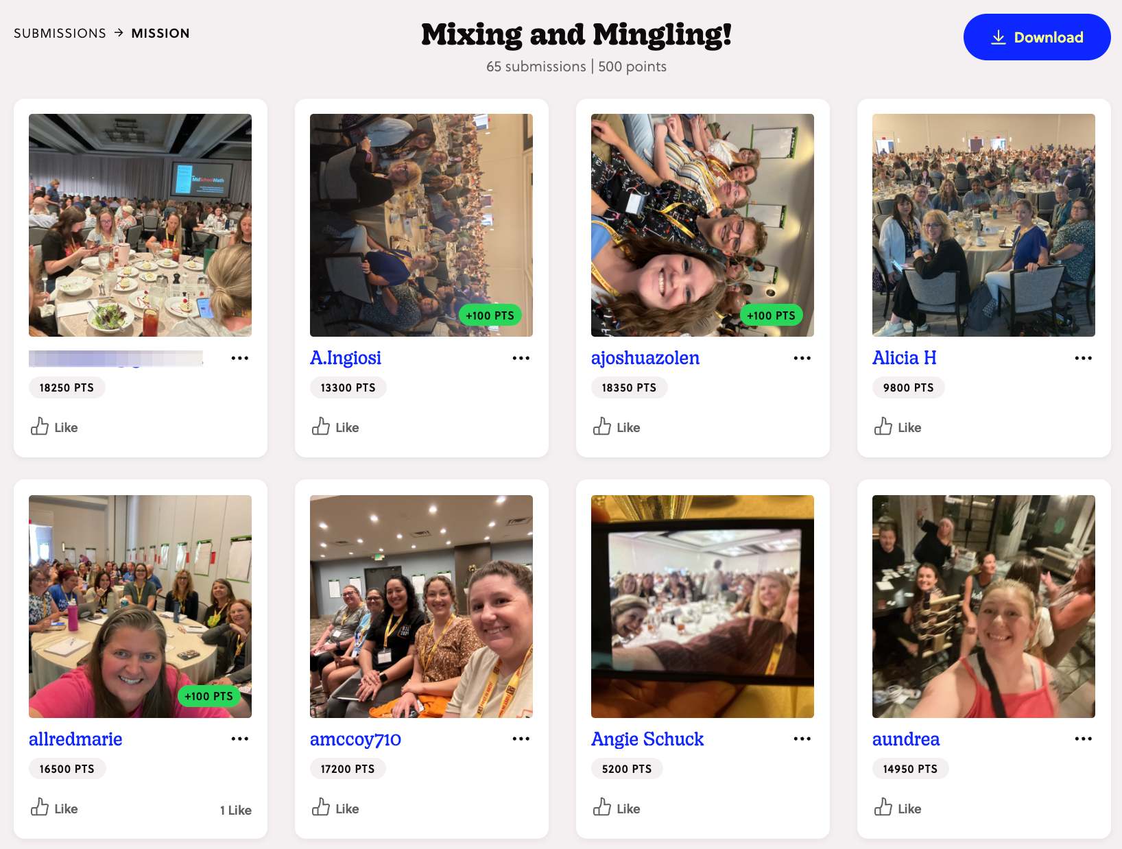 a screen of mission Mixing and Mingling with photos of people