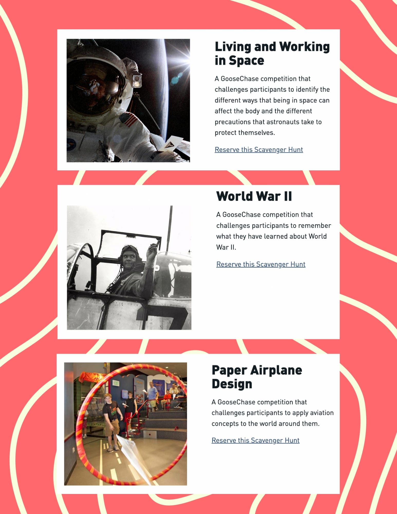 three screenshots of scavenger hunts such as Living and Working in Space, World War II, and Paper Design Plane