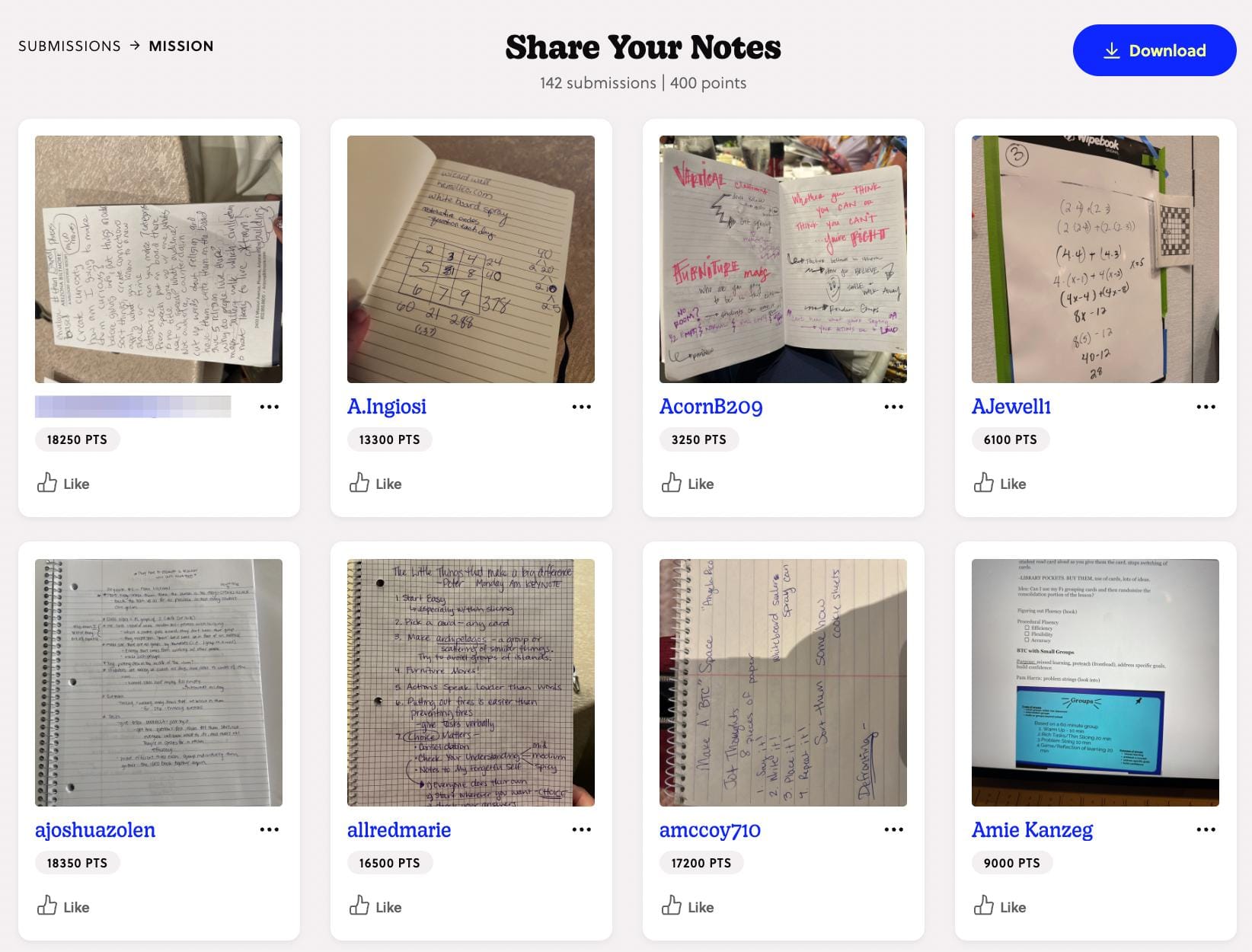 a screenshot of mission Share Your Notes with photos of notes