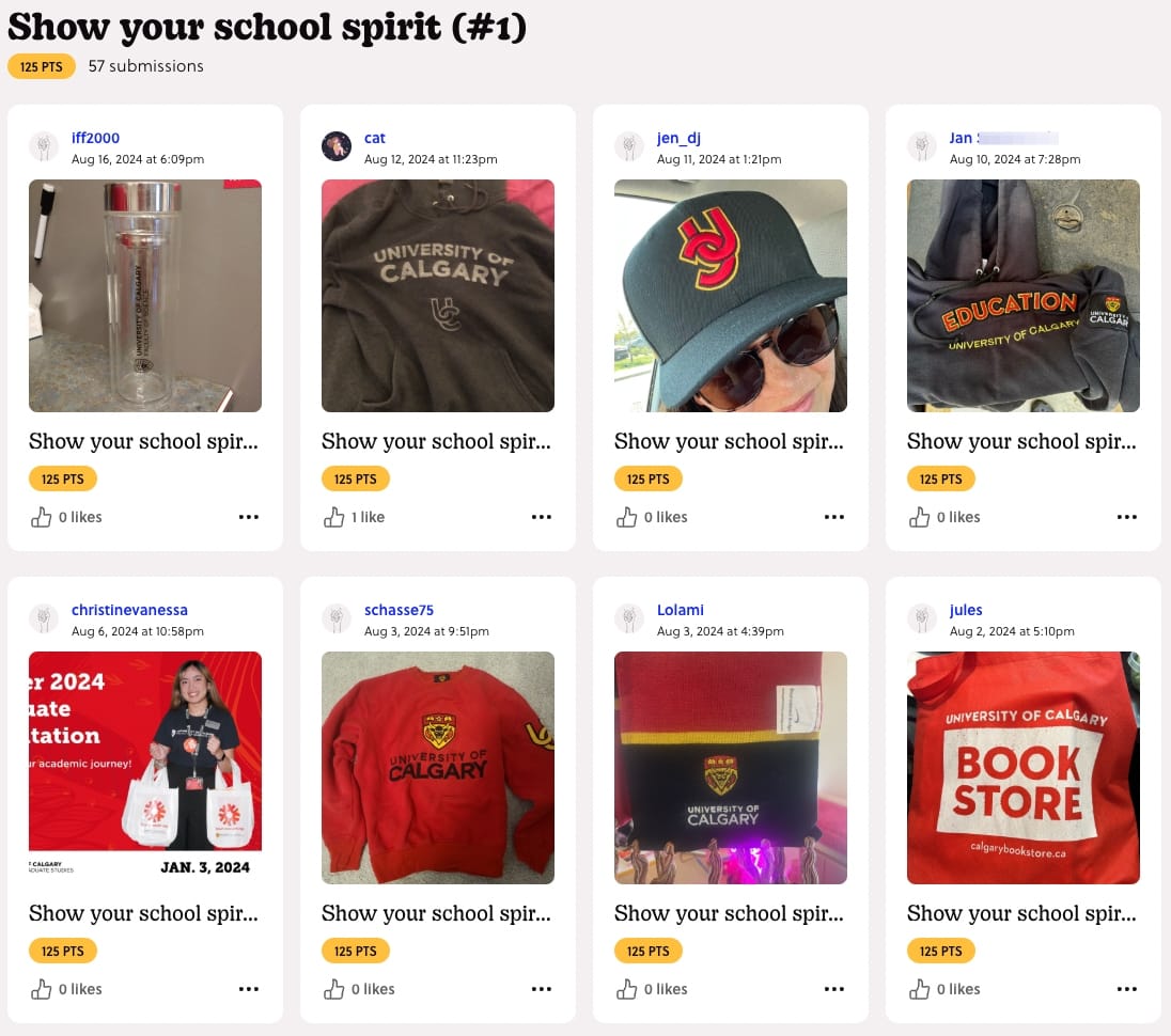 a screenshot of mission of Show your school spirit (#1) with participants submission of photos about UCalgary is good at