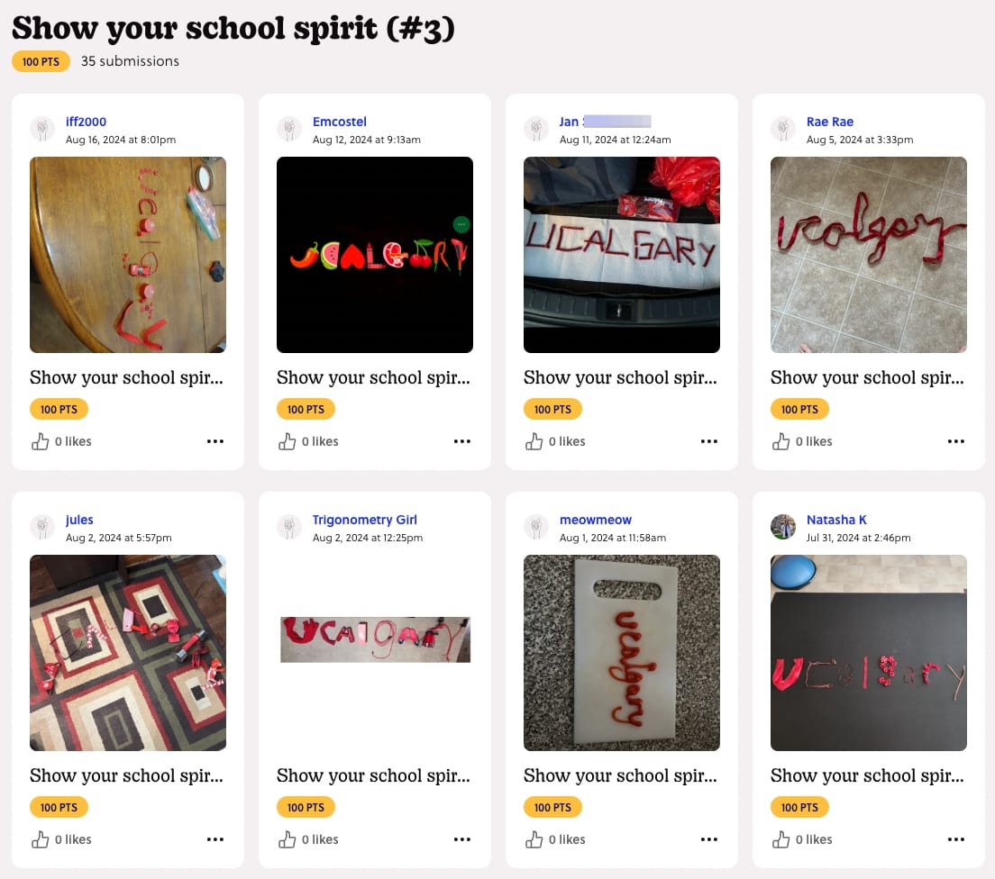 a screenshot of mission Show your school spirit (#3) with participants submission of different spellout of "U Calgary"