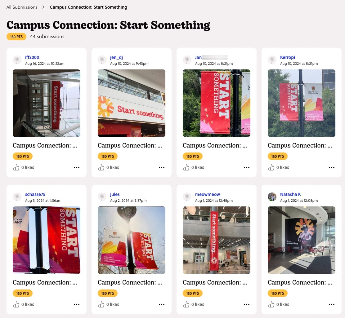 a screenshot of mission Campus Connection: Start Something with alumni photos of their slogans