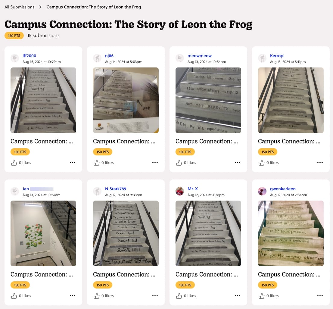 a screenshot of mission Campus Connection: The Story if Leon the Frog with submissions of alumni's photos of their nostalgic trip