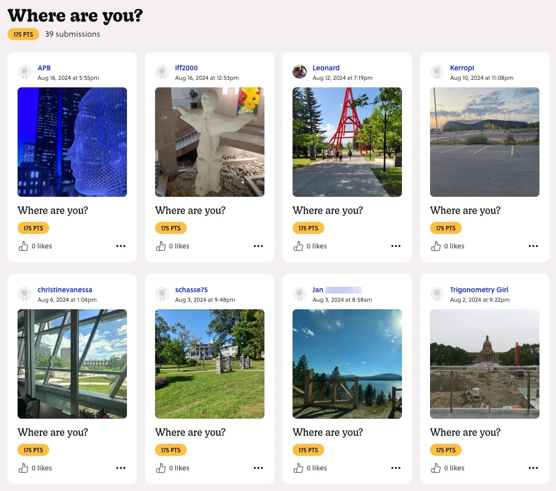 a screeshot of mission Where are you? with particpants submission of photos of their current location
