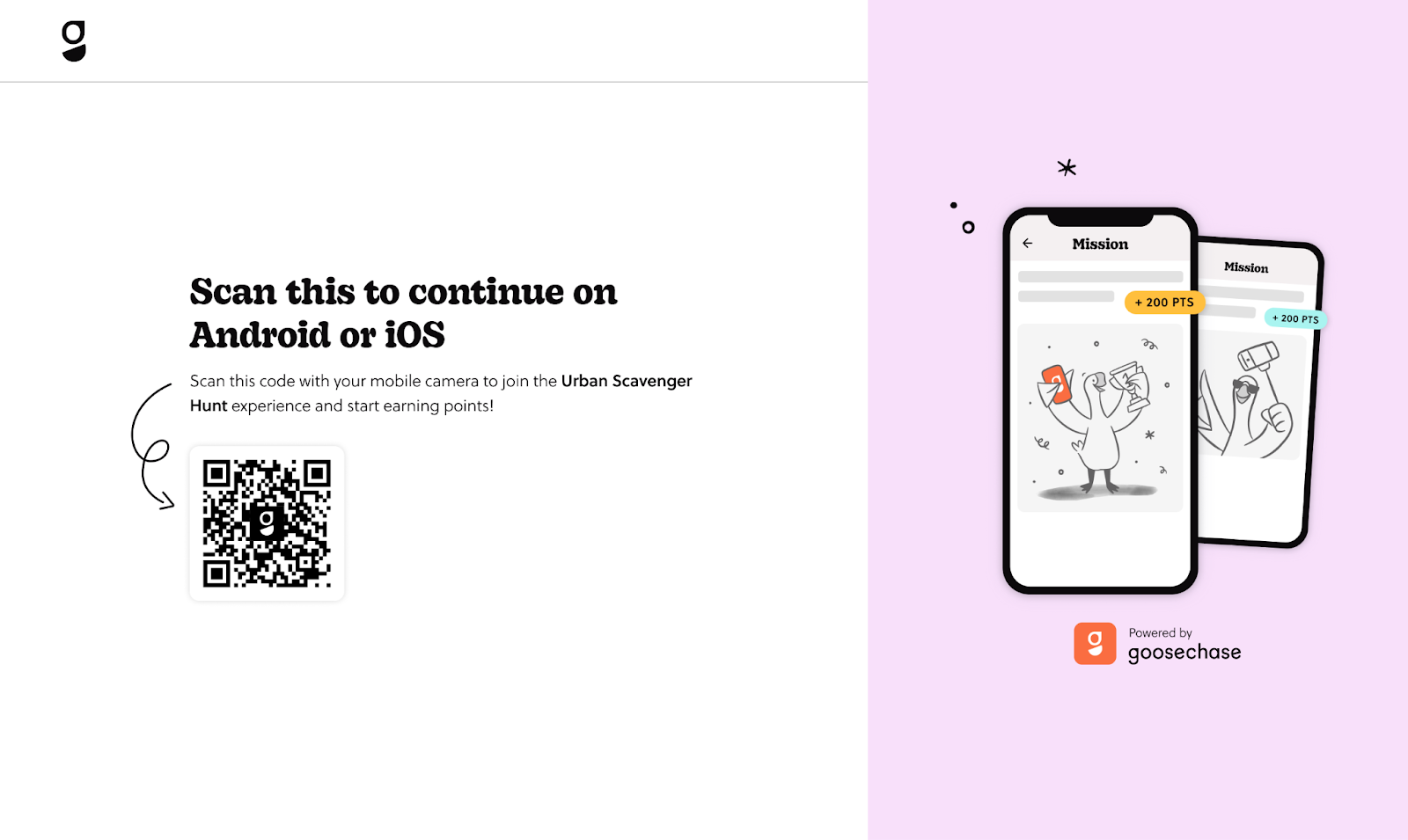 Screenshot of the Goosechase desktop landing page shown when an Invite Link is opened on a computer, displaying a QR code to scan on mobile and an illustration of Missions on the Goosechase app.
