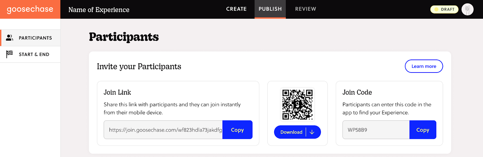 Screenshot of the Goosechase Studio “Participants” tab showing the Invite Link, QR code download options, and the traditional Join Code, highlighting where creators can share their Experience invite.