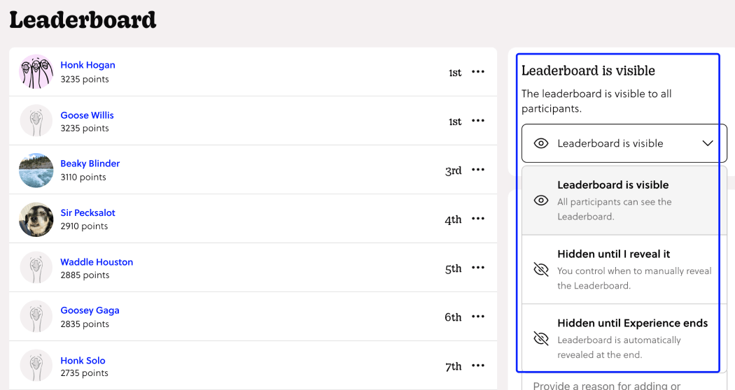 A leaderboard showing participant rankings beside a settings panel where the organizer can choose whether the leaderboard is visible, hidden until revealed, or hidden until the experience ends.