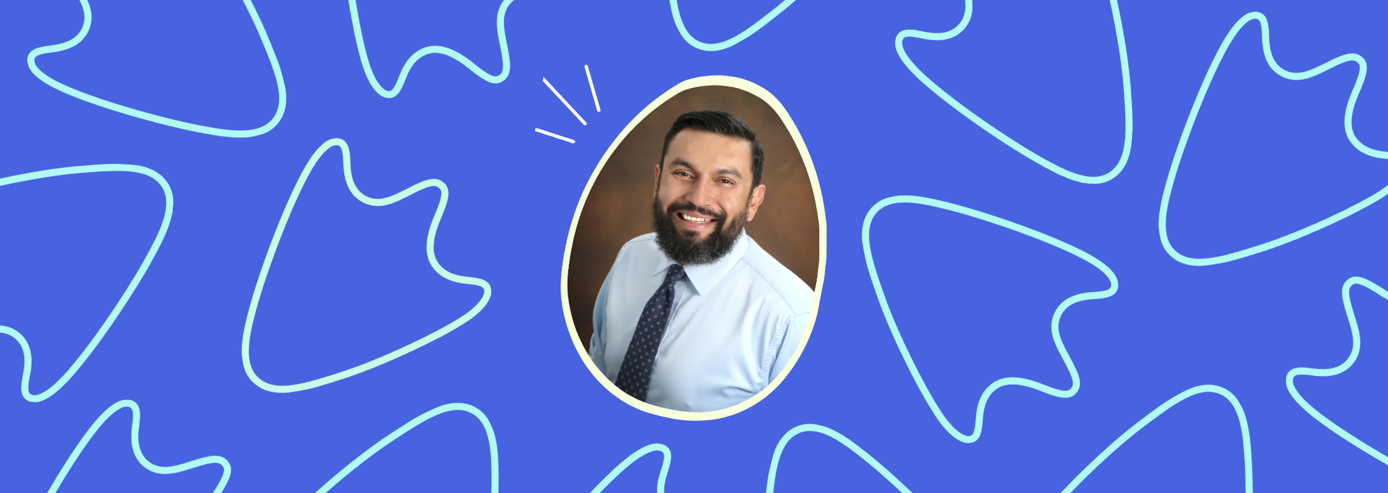 One smiling man in egg-shaped frame on a blue background with blue goose footprints.