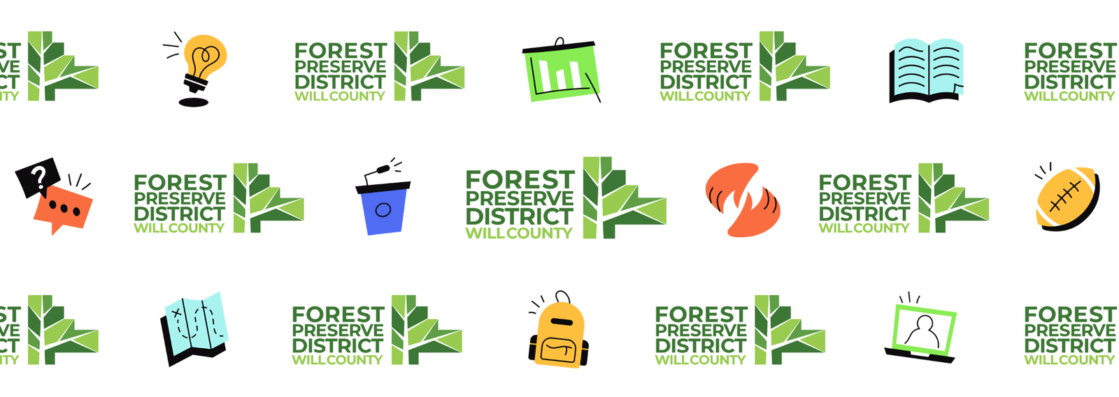A collage of maps, backpacks, and the Forest Preserve District of Will County logo