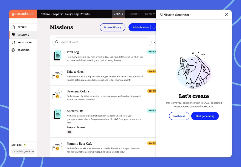 Goosechase Studio AI Mission Generator creating a custom Mission