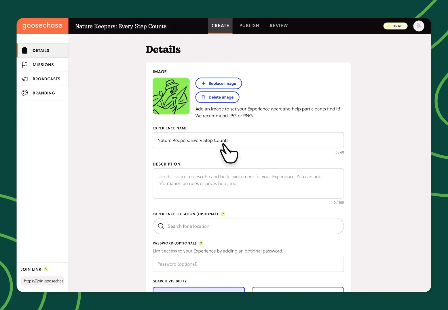 The Goosechase Experience builder, where Creators design Missions and run live Experiences