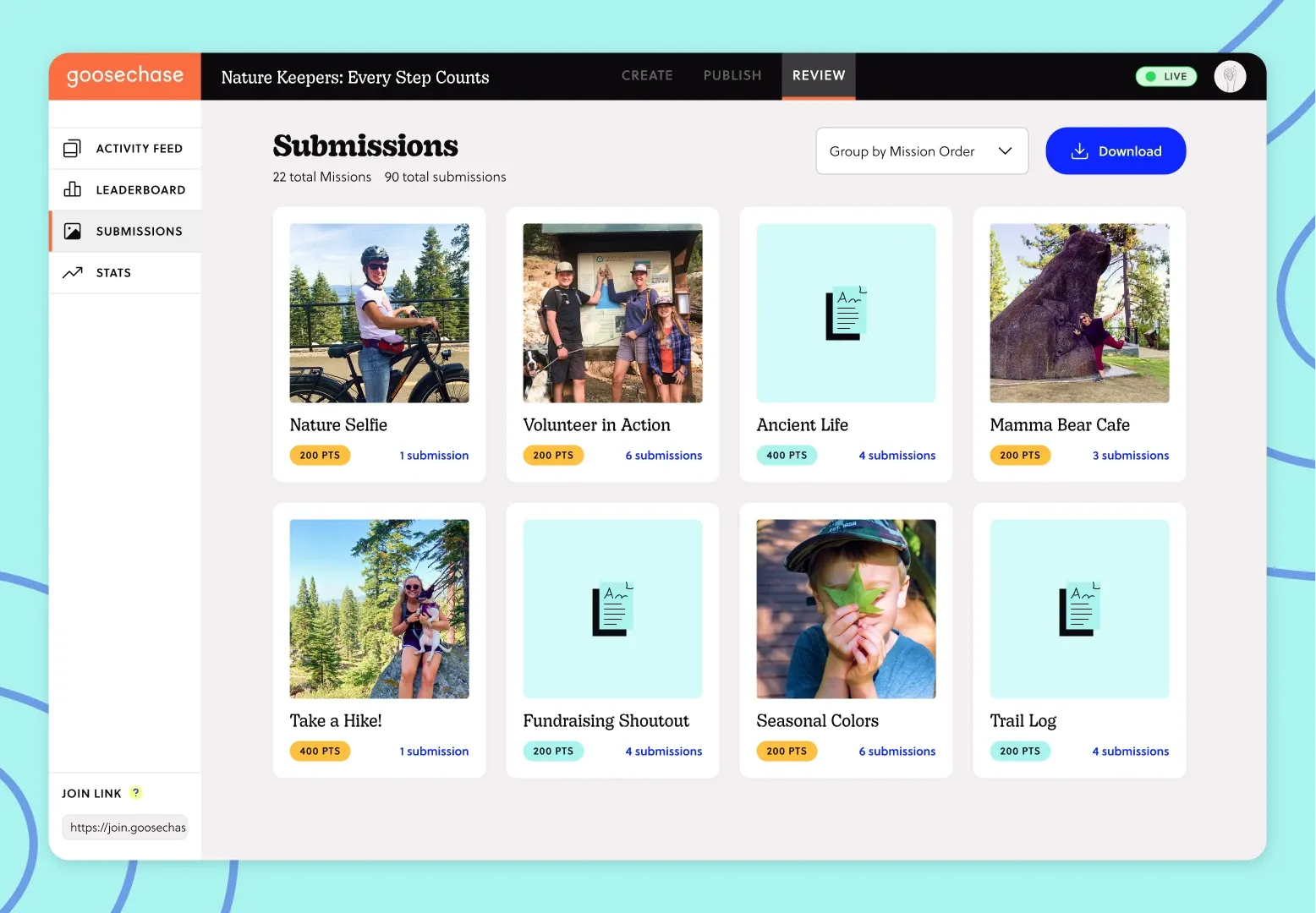 Examples of user-generated content from Goosechase Experiences: photos, videos, and submissions from participants
