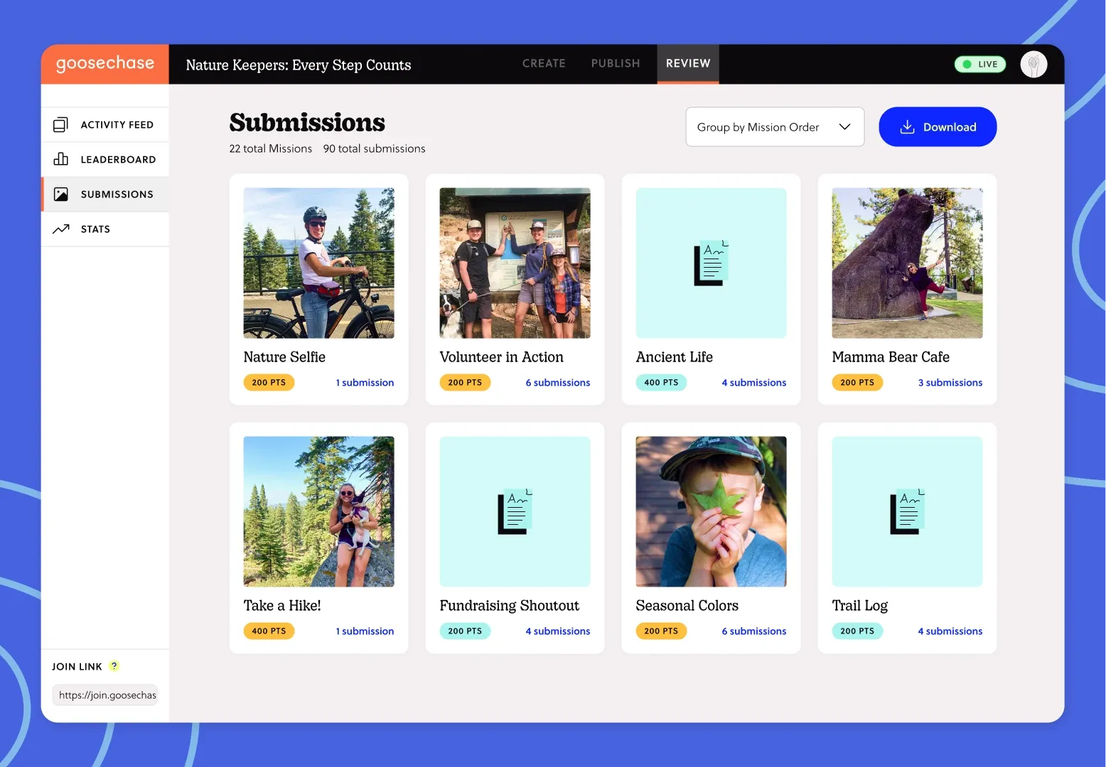 The Goosechase creator studio submissions view