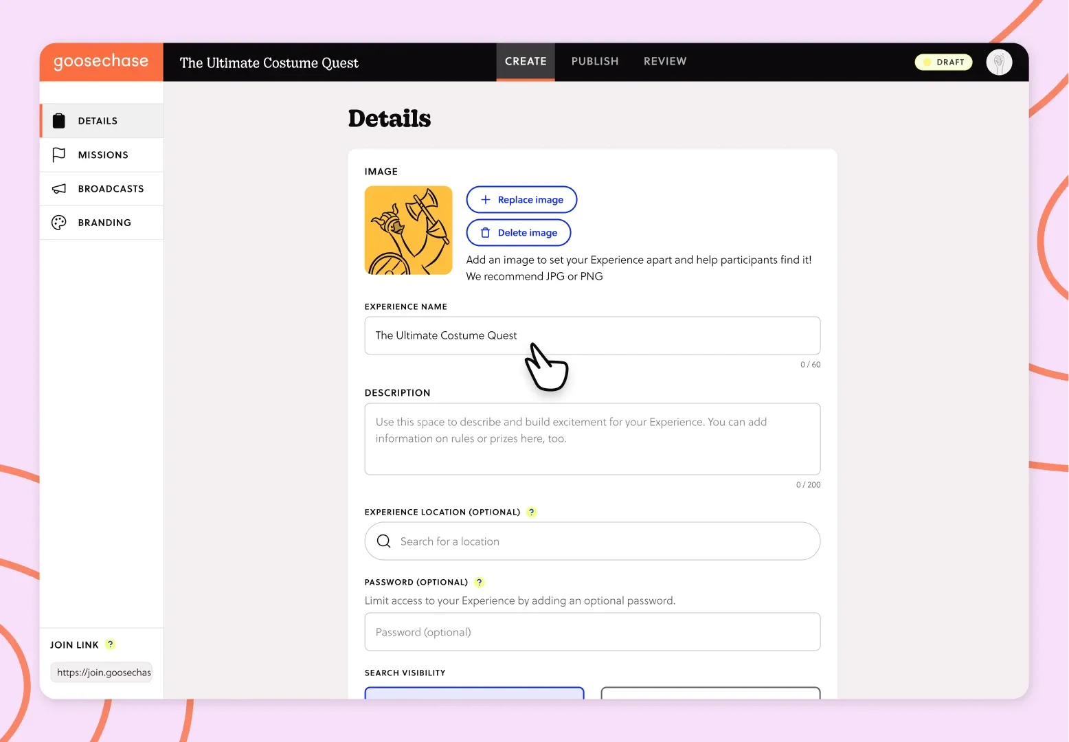 The Experience Details page in the Goosechase Creator Studio