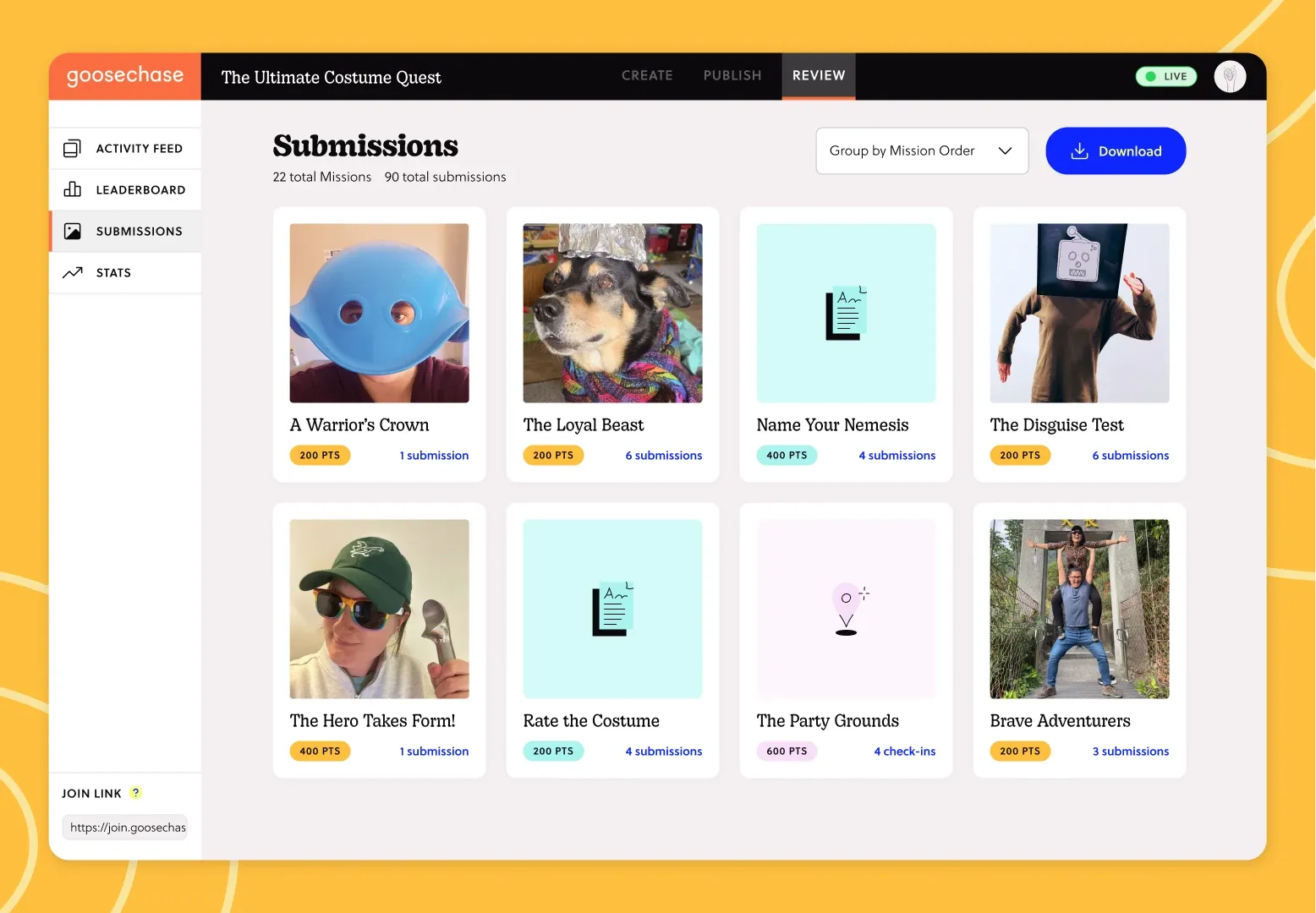 The Submissions tab in the Goosechase Creator Studio