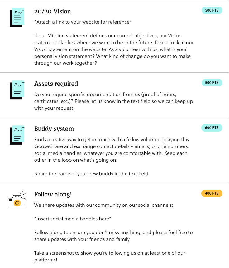 a sneak peak at a Goosechase interactive volunteer orientation template
