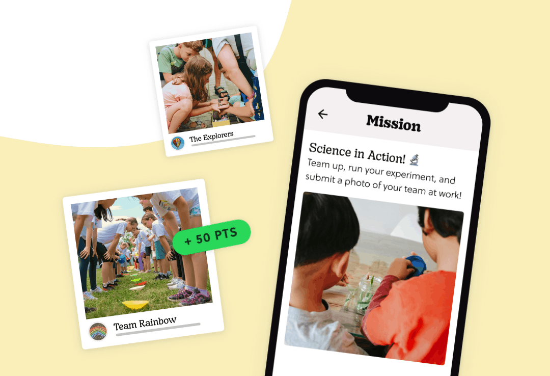 A phone showing a Goosechase Mission next to a photo of students collaborating outdoors.
