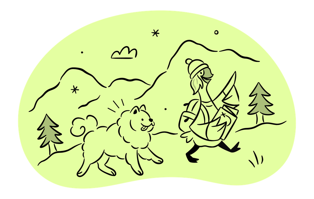 a goose with a dog hiking