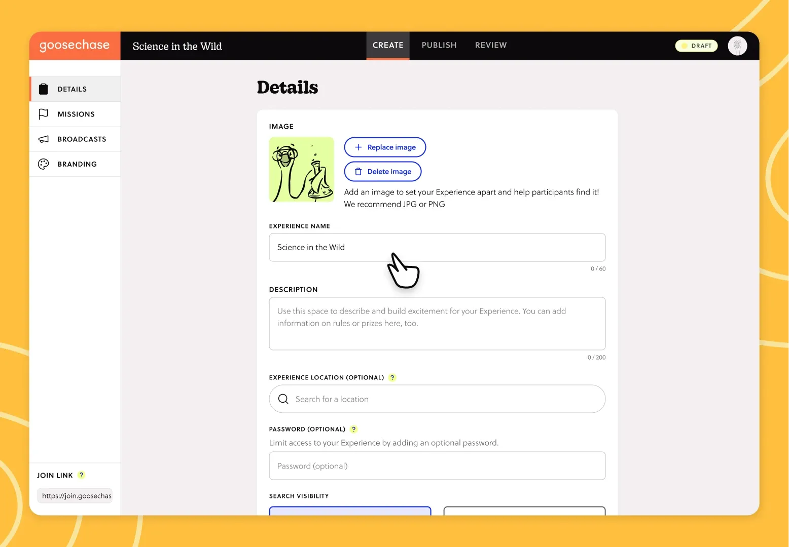 Set up your Experience with a name, description, and cover in minutes