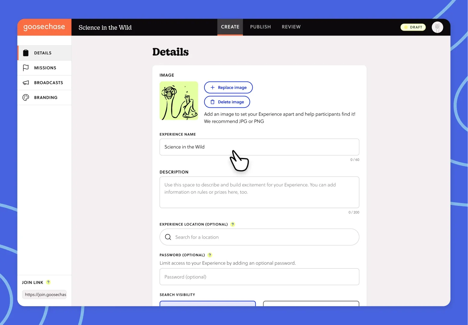 Set up your Experience with a name, description, and cover in minutes