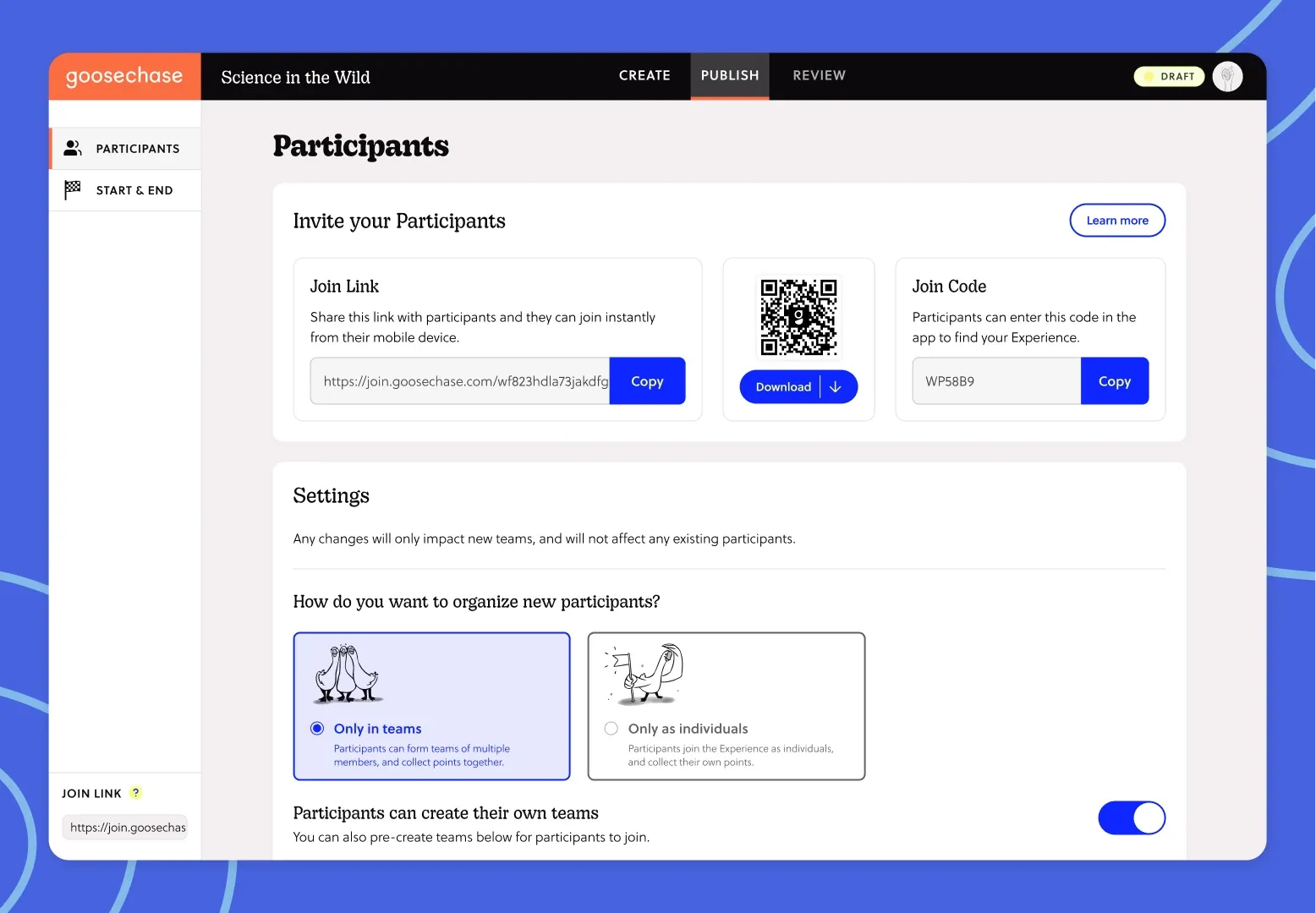 Invite your flock and choose how they join — as teams or individuals