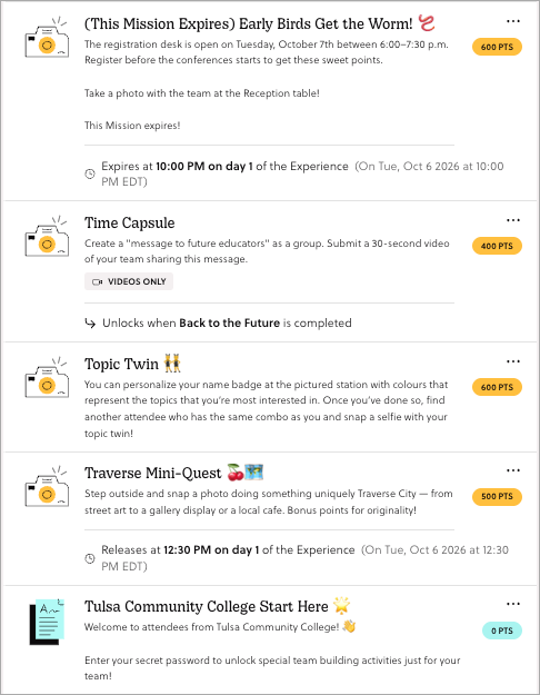 Goosechase Mission list showing five Missions with titles, instructions, and point values, including photo Missions, a video-only Time Capsule Mission, and one that unlocks after another is completed.