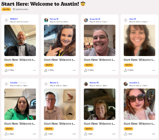 Submission feed for a "Start Here: Welcome to Austin!" Mission with 18 entries — a grid of attendee selfies, each awarded 500 points.