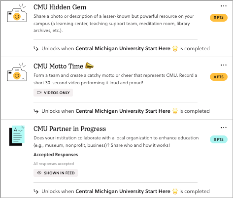 Three Central Michigan University Missions — a photo Mission for a campus hidden gem, a video Mission for the school motto, and a text Mission about local partnerships — each unlocking after the university's Start Here Mission is completed.
