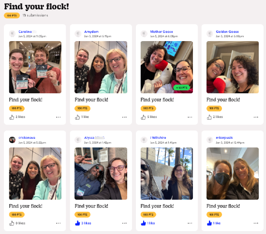 Submission feed for a "Find your flock!" Mission with 13 entries — attendees posing together in groups, several holding plush geese.