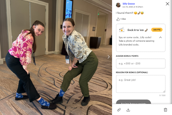 A single Mission submission: two attendees bent over to show off their Lilly-branded socks, captioned "I found them!!", with the organizer's bonus-points panel open alongside it.