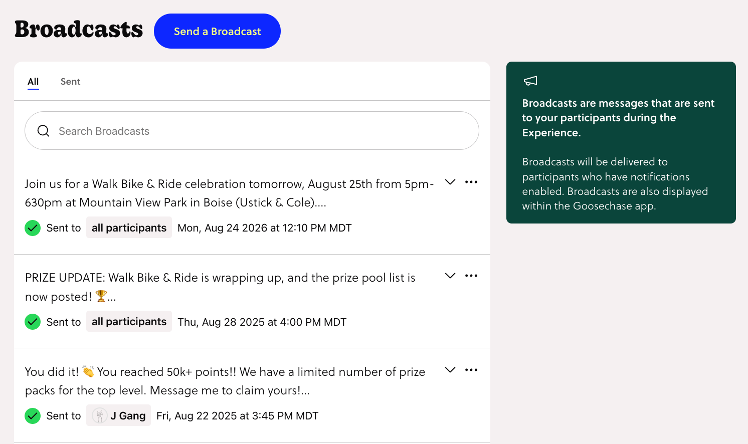 Broadcasts ACHD sent to Walk Bike & Ride participants, including a celebration invite and prize-pool update.