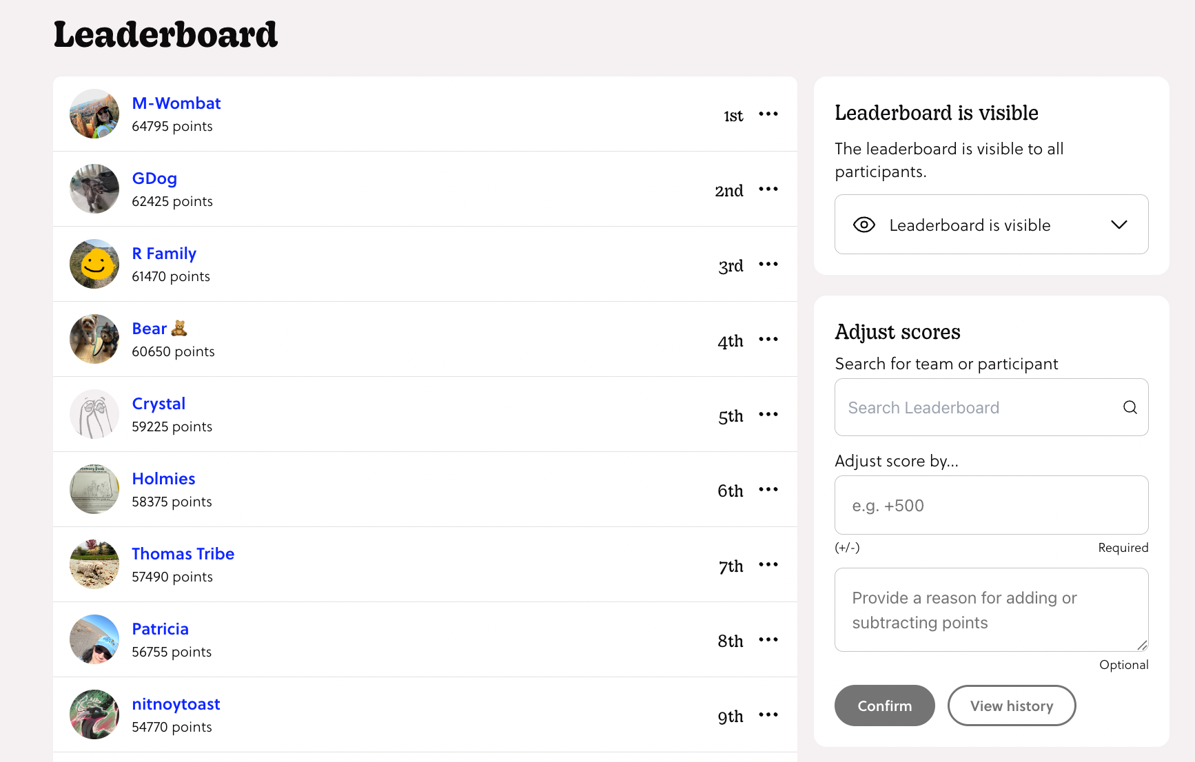 Walk Bike & Ride leaderboard showing top teams with 50,000+ points, plus ACHD's score-adjustment controls.