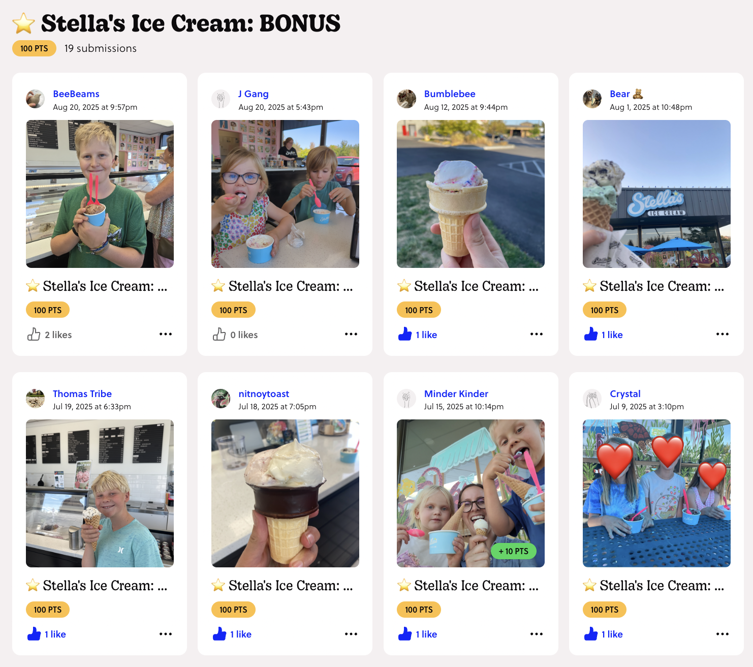 Families sharing ice cream photos from a local Boise shop for a Walk Bike & Ride sponsor Bonus Mission.
