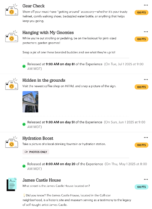 Sample Walk Bike & Ride Missions, including Gear Check, garden gnome spotting, and a trivia question about Boise's James Castle House