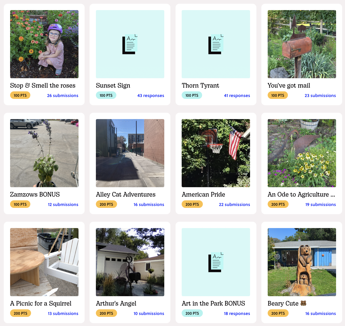 A range of Walk Bike & Ride Missions sending residents out to spot mailboxes, alleyways, gardens, and public art in their neighborhoods.