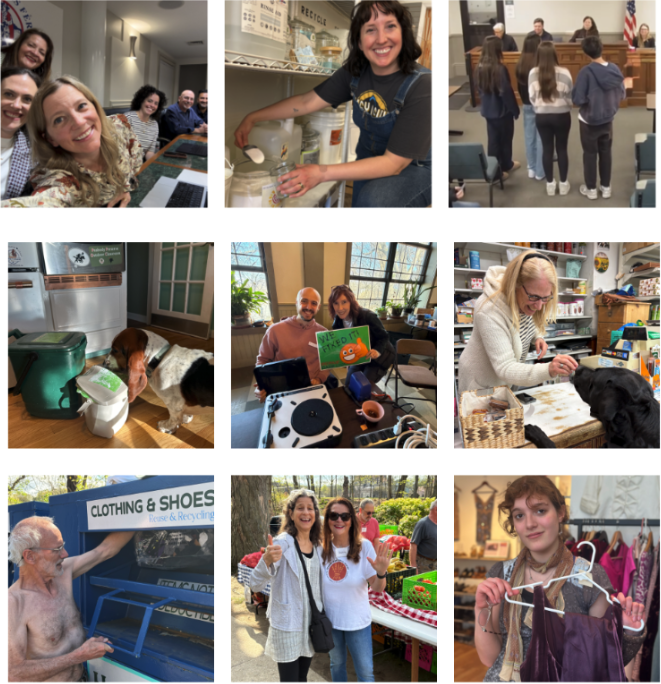 Grid of nine photos of Rivertowns Earth Month scavenger hunt participants refilling containers, repairing items, donating clothes, and shopping secondhand.